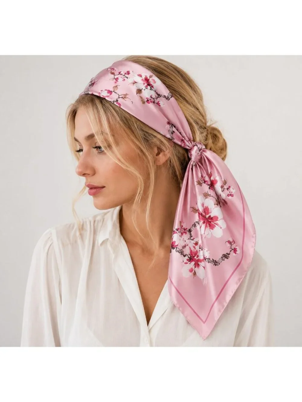 Pink Magnolia Satin Scarf 35x35 Floral Square Hair Head Neck Scarf for Women